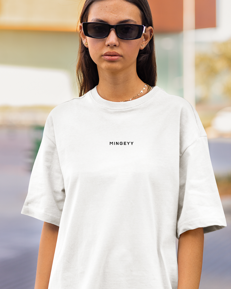 Oversized Telugu Minimals : - Mingeyy White Unisex T-shirt